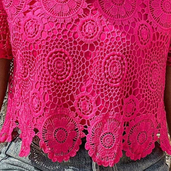 Pink Womens Hollow Out Scallop Trim Guipure Lace Blouse - Picture 4 of 6